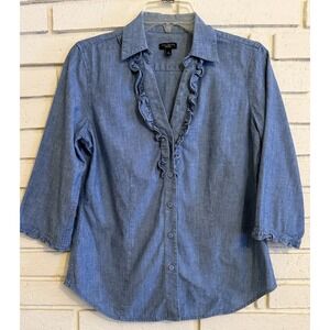 Talbots Denim Ruffle Trim 3/4 Sleeve Button Up Shirt Size 4
